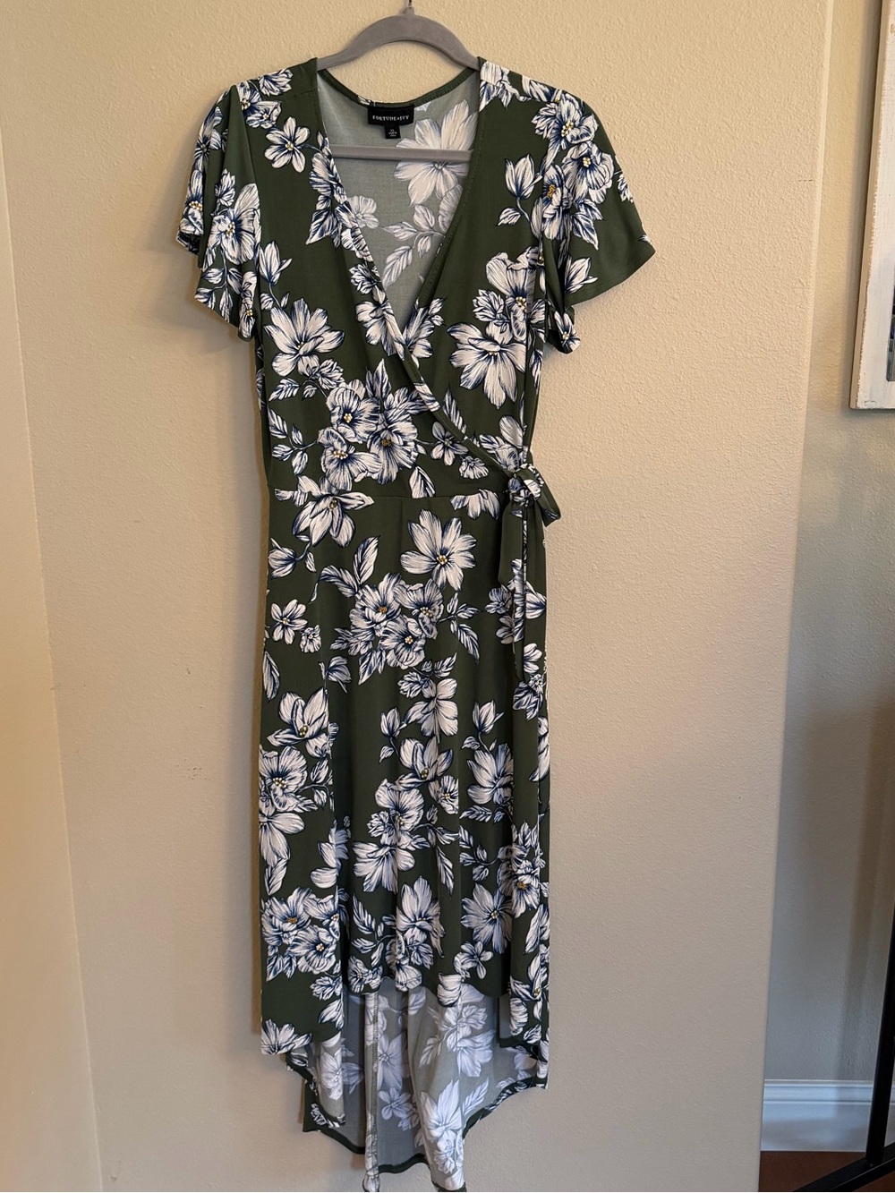 Fortune & Ivy -Olive Green Floral High-Low Wrap Dress - Size XL